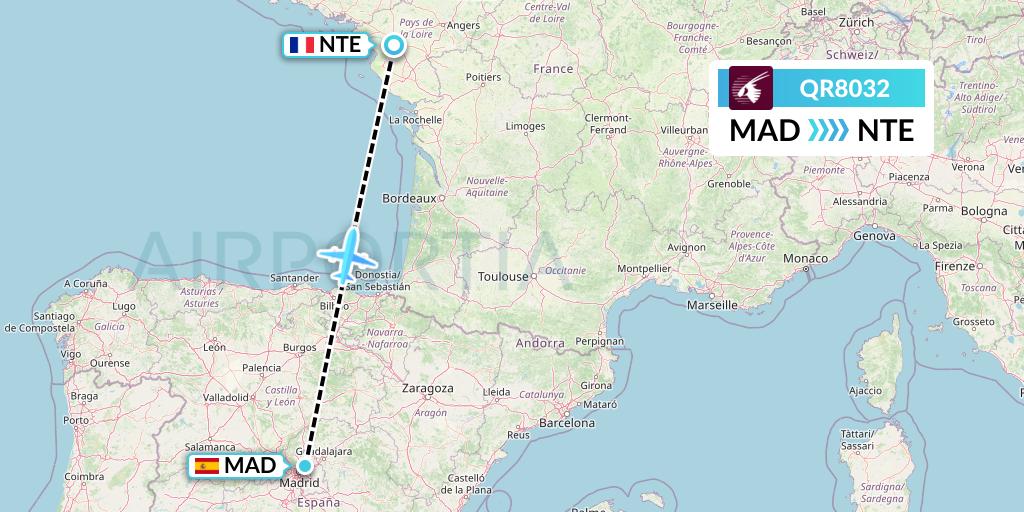 QR8032 Qatar Airways Flight Map: Madrid to Nantes