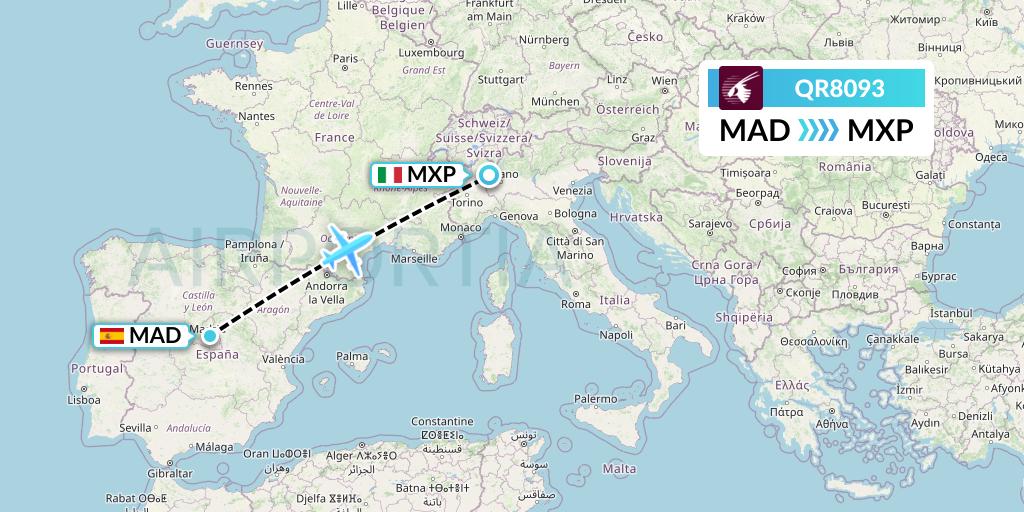QR8093 Qatar Airways Flight Map: Madrid to Milan