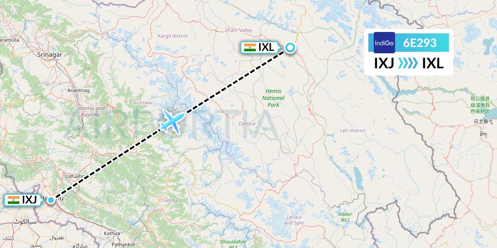 6E293 IndiGo Airlines Flight Map: Jammu to Leh