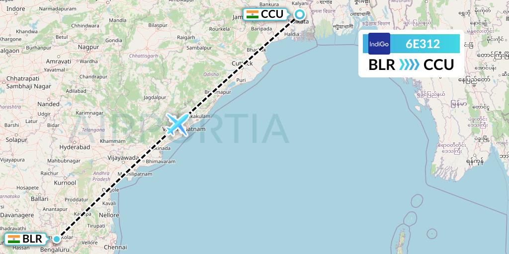 6E312 IndiGo Airlines Flight Map: Bangalore to Kolkata