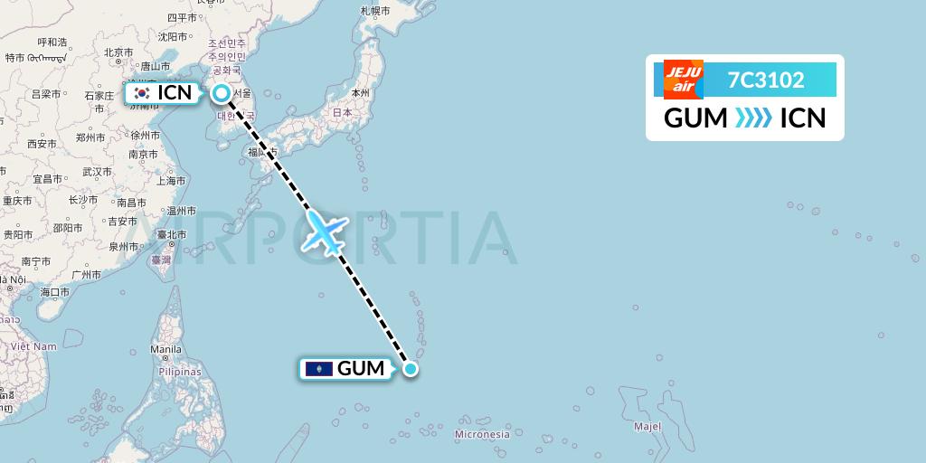 7C3102 Jeju Air Flight Map: Guam to Seoul