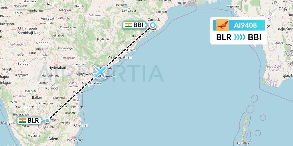 AI9408 Air India Flight Map: Bangalore to Bhubaneswar