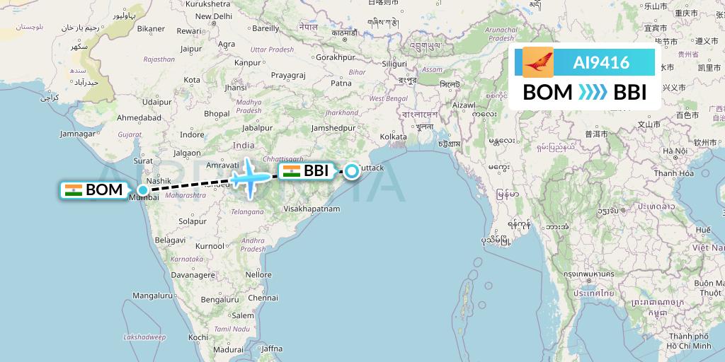 AI9416 Air India Flight Map: Mumbai to Bhubaneswar