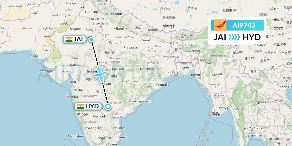 AI9743 Air India Flight Map: Jaipur to Hyderabad