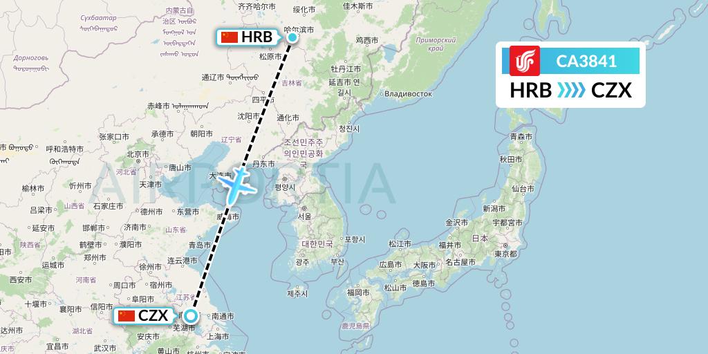 CA3841 Air China Flight Map: Harbin to Changzhou
