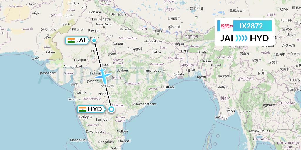 IX2872 Air India Express Flight Map: Jaipur to Hyderabad