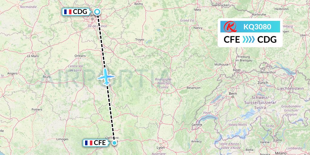 KQ3080 Kenya Airways Flight Map: Clermont-Ferrand to Paris