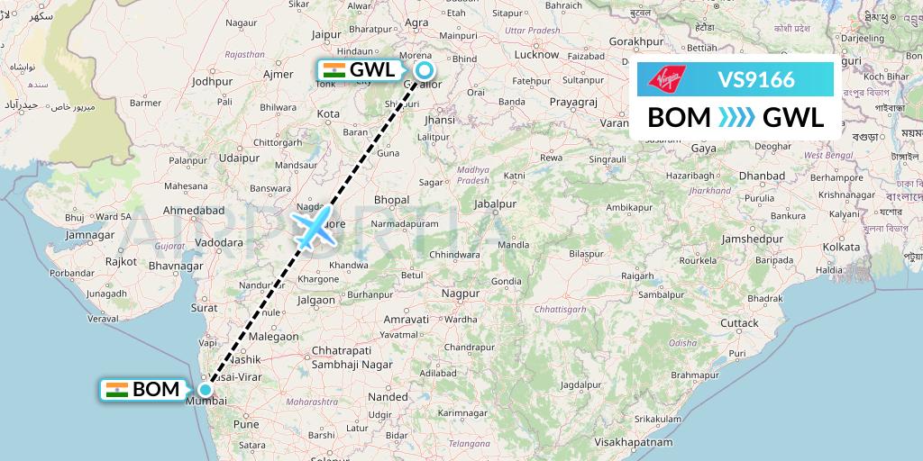 VS9166 Virgin Atlantic Airways Flight Map: Mumbai to Gwalior