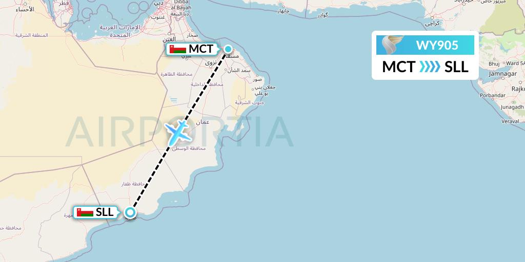 WY905 Oman Air Flight Map: Muscat to Salalah