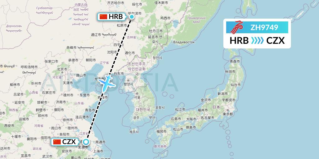 ZH9749 Shenzhen Airlines Flight Map: Harbin to Changzhou