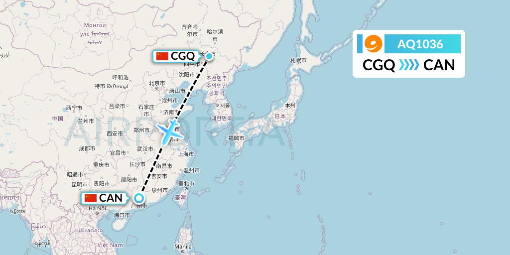 AQ1036 9 Air Flight Map: Changchun to Guangzhou