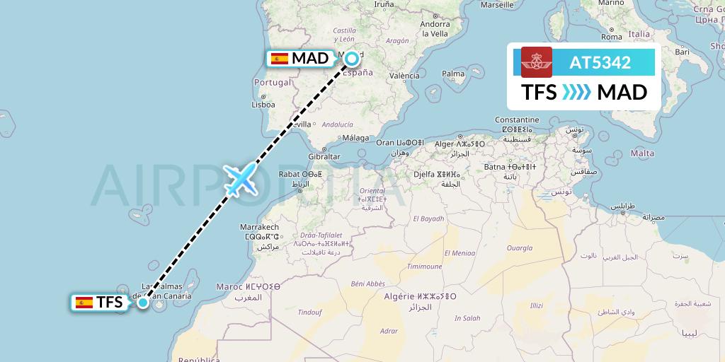 AT5342 Royal Air Maroc Flight Map: Tenerife to Madrid
