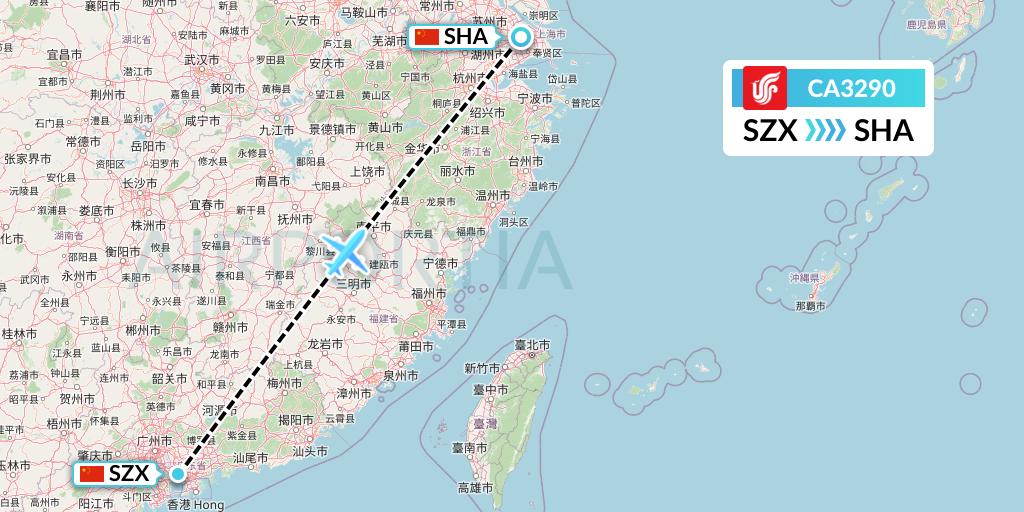 CA3290 Air China Flight Map: Shenzhen to Shanghai