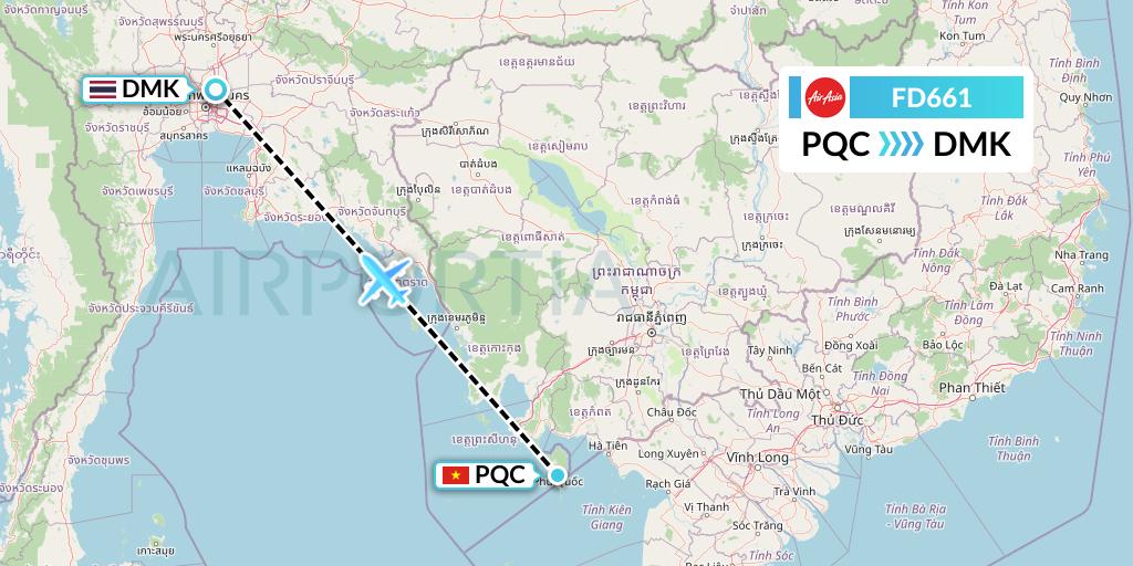 FD661 Thai AirAsia Flight Map: Phu Quoc to Bangkok