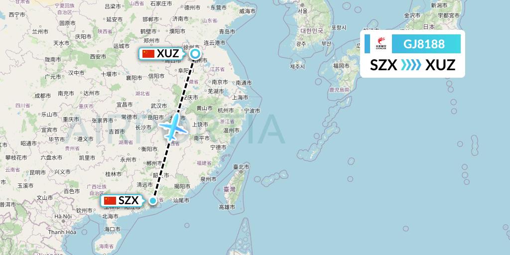 GJ8188 Loong Airlines Flight Map: Shenzhen to Xuzhou