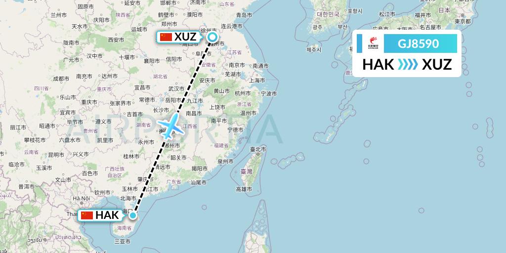 GJ8590 Loong Airlines Flight Map: Haikou to Xuzhou