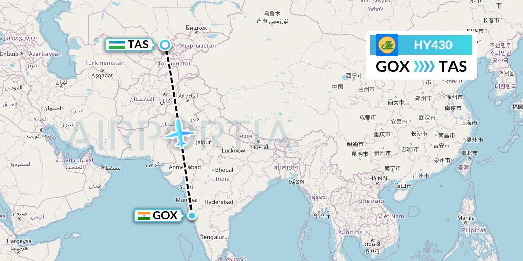 HY430 Uzbekistan Airways Flight Map: Goa to Tashkent