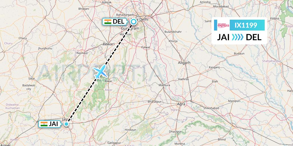 IX1199 Air India Express Flight Map: Jaipur to Delhi
