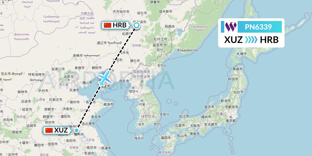 PN6339 China West Air Flight Map: Xuzhou to Harbin