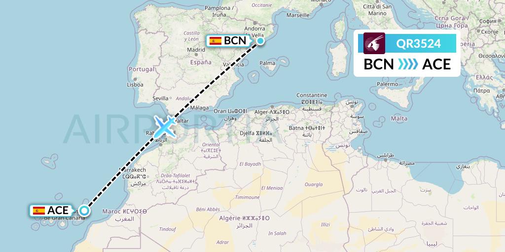 QR3524 Qatar Airways Flight Map: Barcelona to Lanzarote