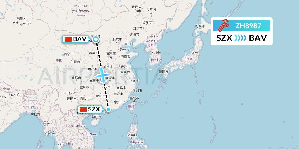 ZH8987 Shenzhen Airlines Flight Map: Shenzhen to Baotou