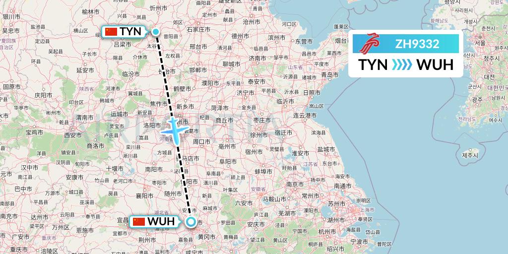 ZH9332 Shenzhen Airlines Flight Map: Taiyuan to Wuhan
