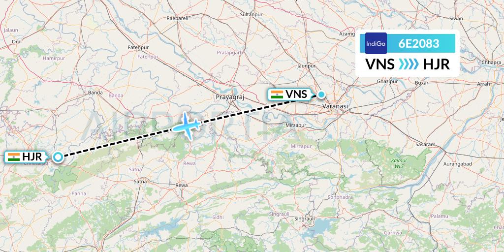 6E2083 IndiGo Airlines Flight Map: Varanasi to Khajuraho