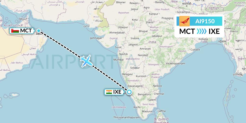 AI9150 Air India Flight Map: Muscat to Mangalore