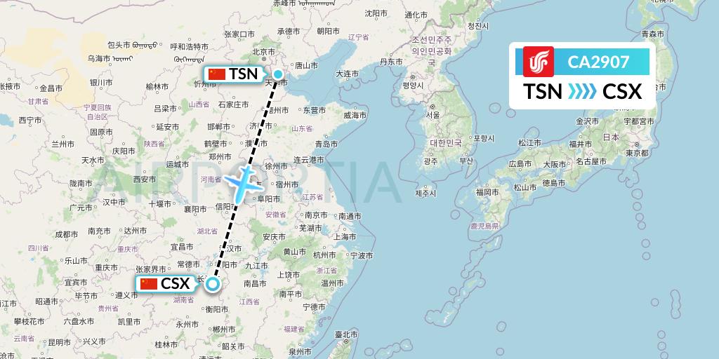 CA2907 Air China Flight Map: Tianjin to Changsha