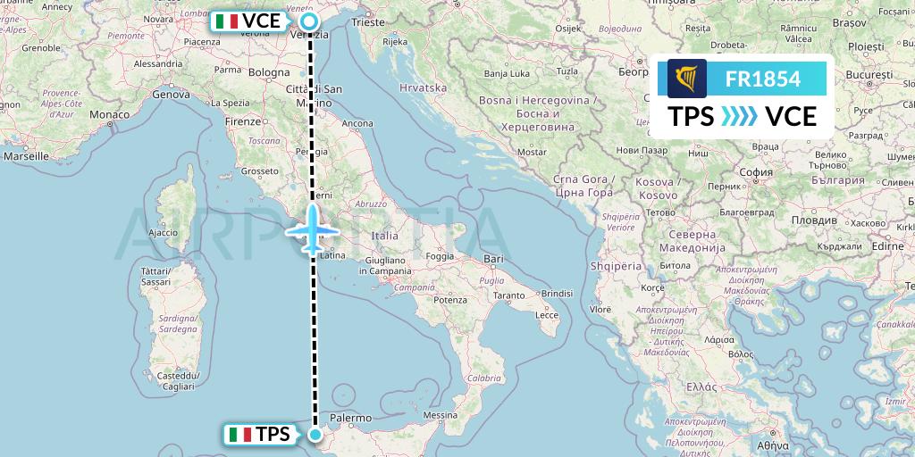 FR1854 Ryanair Flight Map: Trapani to Venice