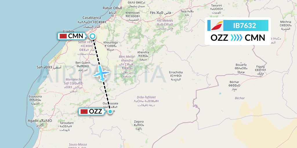 IB7632 Iberia Flight Map: Ouarzazate to Casablanca