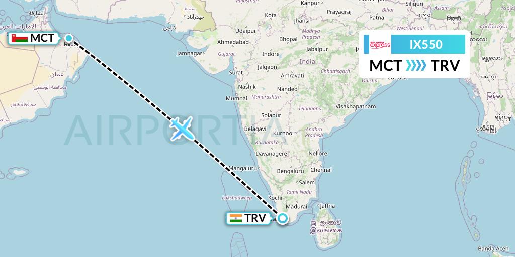 IX550 Air India Express Flight Map: Muscat to Thiruvananthapuram