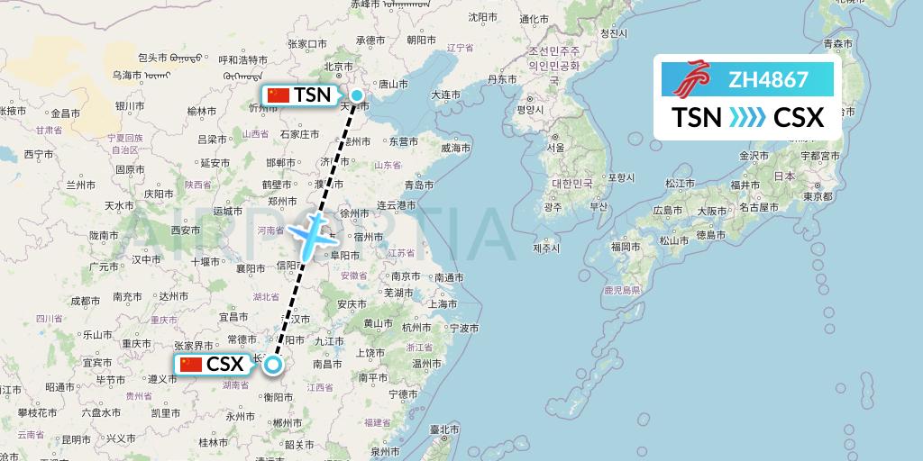 ZH4867 Shenzhen Airlines Flight Map: Tianjin to Changsha