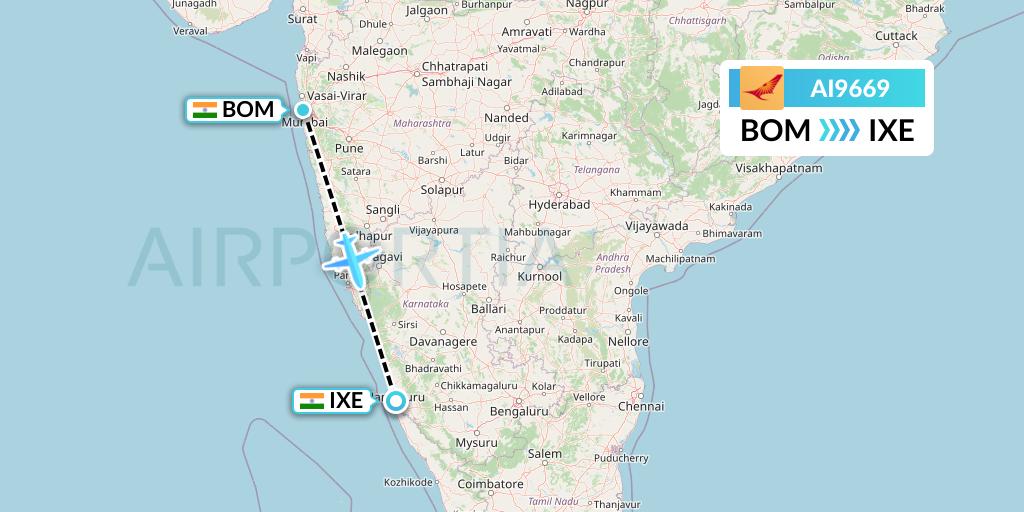 AI9669 Air India Flight Map: Mumbai to Mangalore