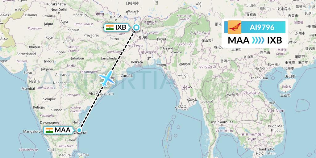 AI9796 Air India Flight Map: Chennai to Siliguri