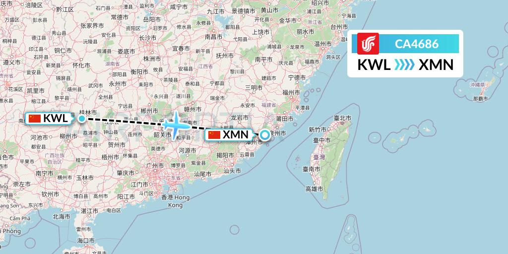 CA4686 Air China Flight Map: Guilin to Xiamen