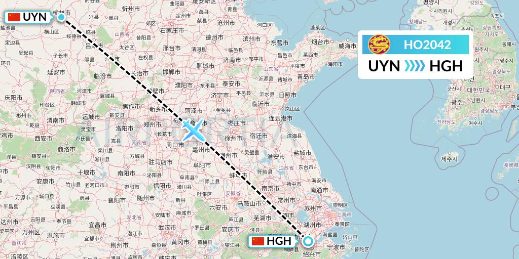 HO2042 Juneyao Airlines Flight Map: Yulin to Hangzhou