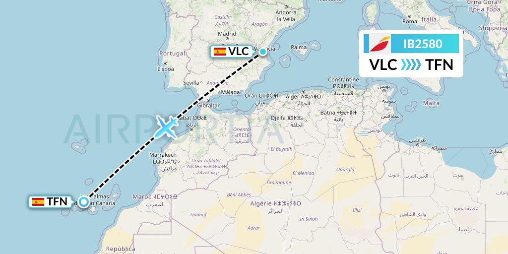IB2580 Iberia Flight Map: Valencia to Tenerife