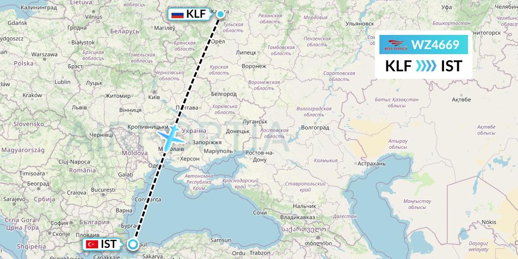 WZ4669 Red Wings Flight Map: Kaluga to Istanbul
