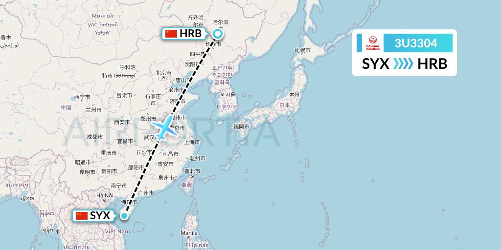 3U3304 Sichuan Airlines Flight Map: Sanya to Harbin