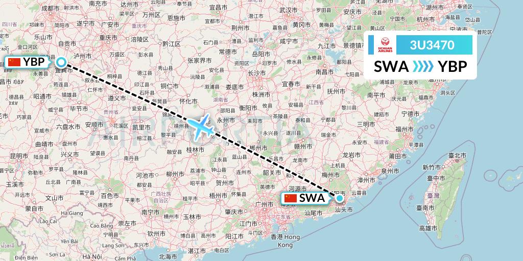 3U3470 Sichuan Airlines Flight Map: Jieyang to Yibin