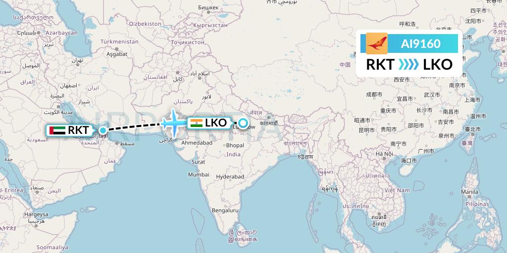AI9160 Air India Flight Map: Ra'sal-Khaymah to Lucknow