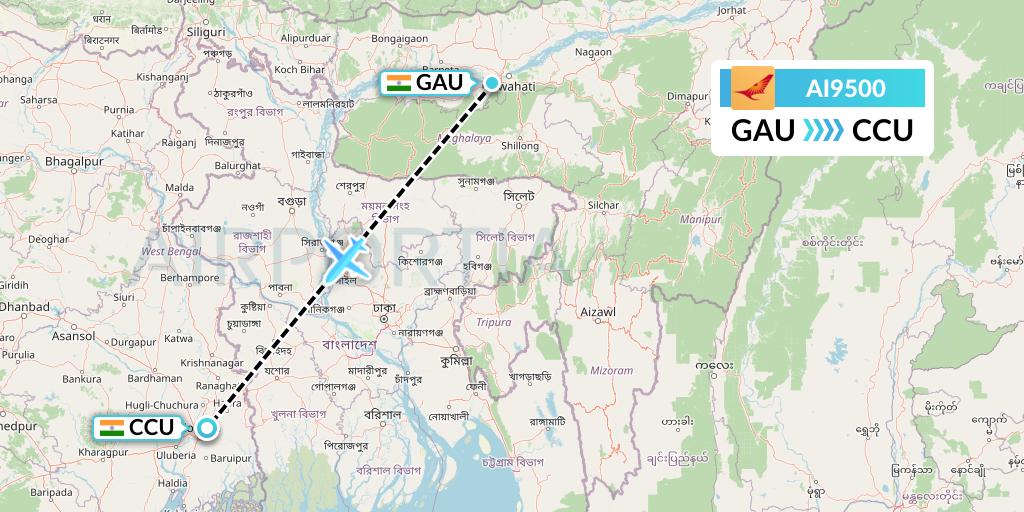 AI9500 Air India Flight Map: Guwahati to Kolkata