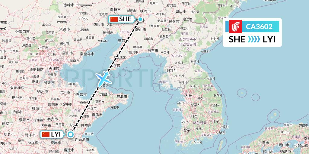 CA3602 Air China Flight Map: Shenyang to Linyi