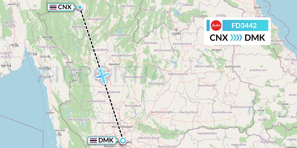 FD3442 Thai AirAsia Flight Map: Chiang Mai to Bangkok