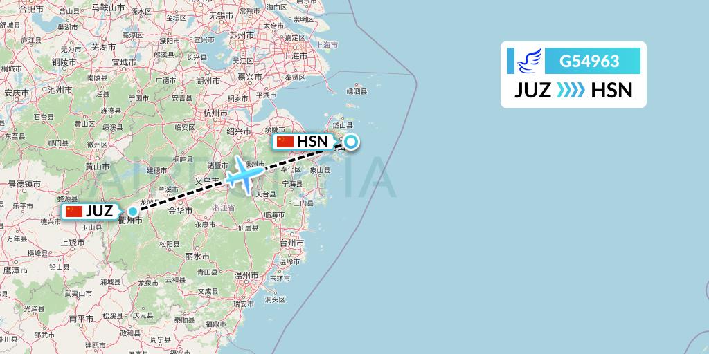 G54963 China Express Airlines Flight Map: Quzhou to Zhoushan