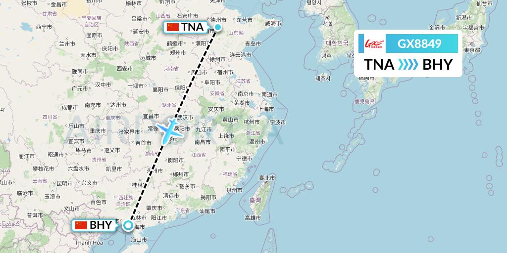 GX8849 GX Airlines Flight Map: Jinan to Beihai