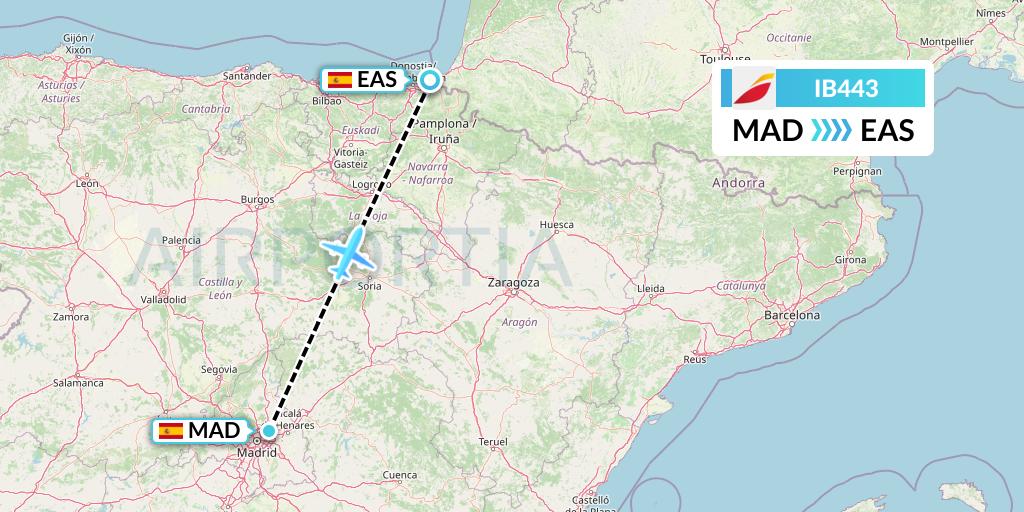 IB443 Iberia Flight Map: Madrid to San Sebastian