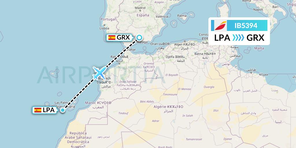 IB5394 Iberia Flight Map: Las Palmas to Granada