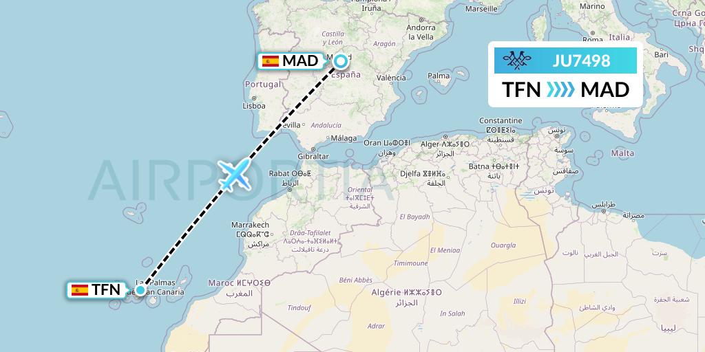 JU7498 AirSERBIA Flight Map: Tenerife to Madrid